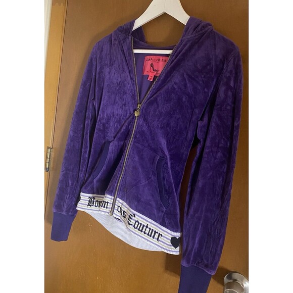 BORN FAMOUS COUTURE Velour Zip Hoodie Jacket "My First Love" Womens M Purple - Picture 2 of 10